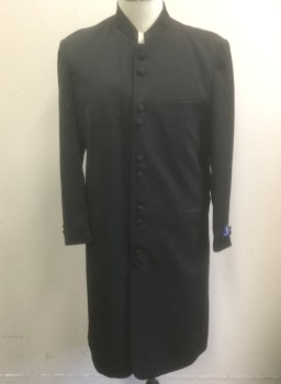 VITTORIO ST.ANGELO, Black, Polyester, Solid, Button Front with Self Fabric Covered Buttons in Clusters of 2, Stand Collar, Long Sleeves, 3 Welt Pockets, Padded Shoulders, Ankle Length, Vent at Center Back Hem