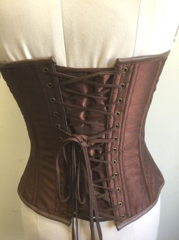 N/L, Bronze Metallic, Brown, Synthetic, Faux Leather, Solid, Bronze Taffeta with Slight Sheen, with Panels of Brown Pleather with 1/4 Self Strips/Stripes, 3 Pleather Straps with Gold Buckles/Grommets at Either Side of Waist, Boned Structure, Lace Up in Back, Steampunk Look