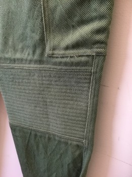 N/L MTO, Green, Synthetic, Solid, Cargo Pants: Bumpy Textured Synthetic, Zip Fly, 1/2" Wide Belt Loops, 6 Pockets Including 2 Cargo Pockets, Quilted/Reinforced Moto Panels at Knees, Slim Straight Leg, Made To Order