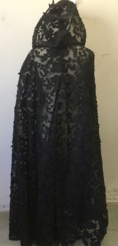MTO, Black, Polyester, Floral, Laser Cut Floral Over Sheer Tulle, No Closures, Horse Hair Stiffened Hood Opening,