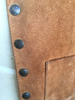 LEATHERLAND, Camel Brown, Leather, Solid, Rough Leather with Shinny Peachy-brown Lining, V-neck, Western Yoke Front & Back, Single Breasted,  5 Brass Snap Front, 2 Pockets