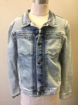 BILLY BANDIT, Denim Blue, Lt Blue, Multi-color, Cotton, Spandex, Solid, Graphic, Boys, Light Wash Stretch Denim, Snap Front, Collar Attached, 4 Pockets, Graphic in Center Back with Black and White Eye with Rays of Yellow, Red, Olive and Blue Radiating Below It