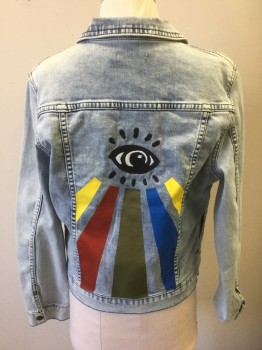 BILLY BANDIT, Denim Blue, Lt Blue, Multi-color, Cotton, Spandex, Solid, Graphic, Boys, Light Wash Stretch Denim, Snap Front, Collar Attached, 4 Pockets, Graphic in Center Back with Black and White Eye with Rays of Yellow, Red, Olive and Blue Radiating Below It