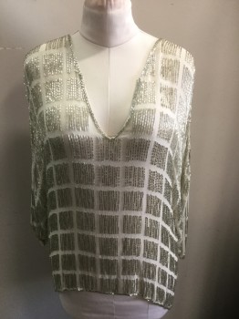 N/L, Beige, Silver, Silk, Geometric, Pullover, V-neck, Bugle Beads in Squares. 3/4 Sleeves,