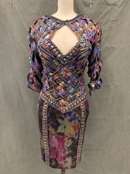 MTO, Purple, Silver, Black, Blue, Fuchsia Pink, Synthetic, Leather, Abstract , Floral, Leather Braided Straps Basket Woven Over Synthetic Shiny Fabric, 3/4 Sleeves, Sweetheart Neckline, Keyhole Front, Keyhole Back with Criss Cross Leather Braided Straps That Hook & Eyes to the Side, Zip Back, Multi Color Sequin Detail, Knee Length