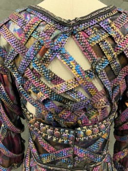 MTO, Purple, Silver, Black, Blue, Fuchsia Pink, Synthetic, Leather, Abstract , Floral, Leather Braided Straps Basket Woven Over Synthetic Shiny Fabric, 3/4 Sleeves, Sweetheart Neckline, Keyhole Front, Keyhole Back with Criss Cross Leather Braided Straps That Hook & Eyes to the Side, Zip Back, Multi Color Sequin Detail, Knee Length