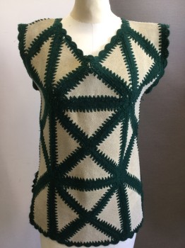 TEASERS, Dk Green, Sand, Acrylic, Suede, Geometric, Scalloped V-neck, Scallopedtrim & Hem, Suede Patchwork, Pullover,
