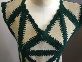 TEASERS, Dk Green, Sand, Acrylic, Suede, Geometric, Scalloped V-neck, Scallopedtrim & Hem, Suede Patchwork, Pullover,