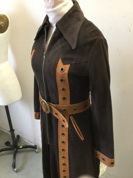 BILL HARGATE, Dk Brown, Lt Brown, Suede, Solid, Zip Front, Collar Attached, Solid Brown Suede with Lt Brown Trim with Brass Grommet Detail Center Front & Center Back Stripes & Cuffs, Full Length, 2 Pockets, with Lt Brown Grommet Detailed Belt