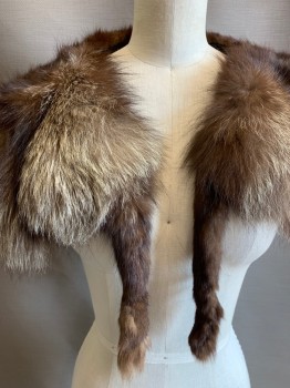 N/L, Brown, Cream, Fur, Fox Stole, 2 Tails Hanging From Front with Hook & Eye Closures