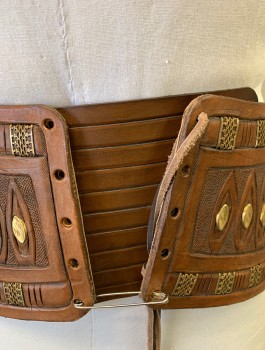 N/L MTO, Brown, Leather, Metallic/Metal, Embossed Leather with Gold Scarab Beetles and Winged Egyptian Gods, 5" Wide Waist Belt with Hanging Tab at Center Front, Leather Thong Ties in Back, Made To Order