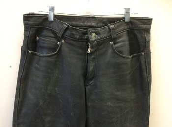 SCHOTT, Black, Leather, Solid, Flat Front, Zip Fly, 5 Pockets, Belt Loops, Straight Leg, Leather is Scuffed/Worn Throughout