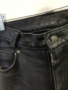 SCHOTT, Black, Leather, Solid, Flat Front, Zip Fly, 5 Pockets, Belt Loops, Straight Leg, Leather is Scuffed/Worn Throughout