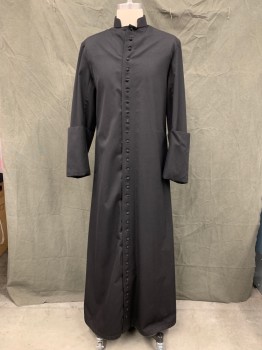 CM ALMAY, Black, Polyester, Rayon, Solid, Fabric Covered Button Front, Stand Collar, Long Sleeves, Oversized Folded Back Cuff, Floor Length Hem, Pleated Center Back, Side Seam Pleats with Pocket Slits