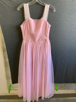 N/L, Pink, Off White, Silk, Nylon, Solid, Pink Silk with Nylon Mesh Overlayer, White Lace Bust, V-neck, Sleeveless, Nightgown