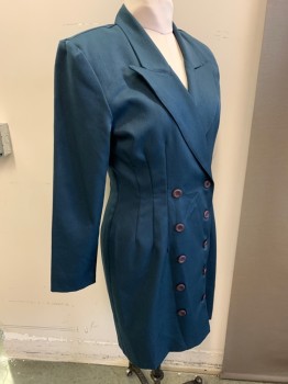 LA BELLE, Navy Blue, Polyester, Solid, Long Sleeves, Double Breasted, Peaked Lapel, Padded Shoulders, Darts At Waist, Hem Above Knee