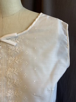 TREVIRA, White, Linen, Floral, Solid, Round Neck, Sleeveless, Bow Attached at Neck, Floral Eyelet and Embroidery