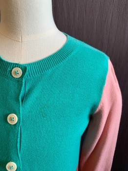 MINI BODEN, Teal Green, Pink, Brown, Cotton, Color Blocking, Button Front, Ribbed Knit Neck/Waistband/Cuff * Faded Brown Stain Front Near Buttons*
