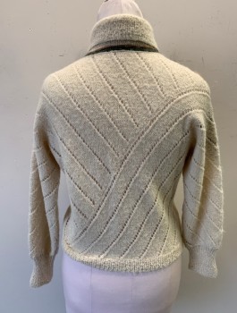 N/L, Cream, Forest Green, Brown, Beige, Wool, Knit, Turtleneck, Diagonal Stripes Across Chest, Long Sleeves, Diagonal Ribbed Texture in Knit