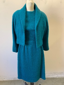 N/L, Turquoise Blue, Wool, Solid, Boucle Textured Wool, Sleeveless, Round Neck, Fitted Waist, Straight Cut Skirt, Knee Length, Center Back Zipper,