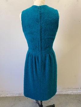 N/L, Turquoise Blue, Wool, Solid, Boucle Textured Wool, Sleeveless, Round Neck, Fitted Waist, Straight Cut Skirt, Knee Length, Center Back Zipper,