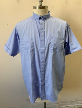 SUMMER COMFORT, French Blue, Poly/Cotton, Solid, Priest/Clergical, Short Sleeves, Button Front, Priest Collar with Room for Removable Band, 2 Patch Pockets
