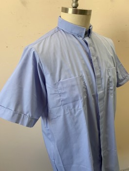 SUMMER COMFORT, French Blue, Poly/Cotton, Solid, Priest/Clergical, Short Sleeves, Button Front, Priest Collar with Room for Removable Band, 2 Patch Pockets