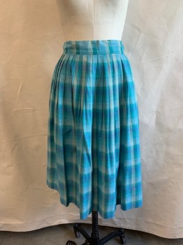 ZENITH, Lt Blue, Multi-color, Cotton, Plaid, Side Zipper, Pleated, Light Blue, Teal Green, White, and Light Gray Plaid