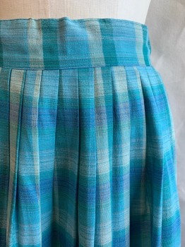 ZENITH, Lt Blue, Multi-color, Cotton, Plaid, Side Zipper, Pleated, Light Blue, Teal Green, White, and Light Gray Plaid