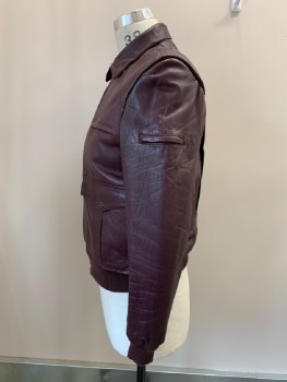 FANTASTIC INT, Maroon Red, Leather, Solid, Zip Front, C.A., Bomber, Rib Knit Cuffs And Waistband, 3 Pckts 1 On Sleeve, Back/front Yokes, Quilted Lining