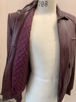 FANTASTIC INT, Maroon Red, Leather, Solid, Zip Front, C.A., Bomber, Rib Knit Cuffs And Waistband, 3 Pckts 1 On Sleeve, Back/front Yokes, Quilted Lining