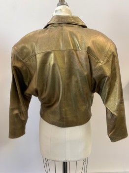 I. MAGNIN, Bronze Metallic, Leather, Solid, C.A., Notched Lapel, Double Breasted, 2 Bttns, 2 Pckts, Aged/Distressed,