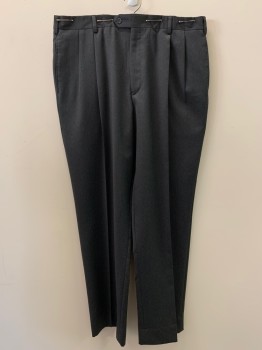 JOS A BANK, Charcoal Gray, Polyester, Cotton, Solid, Pleated Front, 2 Side Pckts, Zip Front, Belt Loops