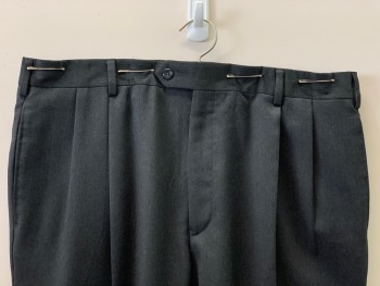JOS A BANK, Charcoal Gray, Polyester, Cotton, Solid, Pleated Front, 2 Side Pckts, Zip Front, Belt Loops