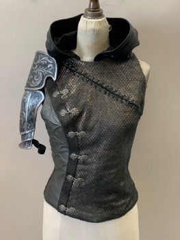 MTO, Black, Pewter Gray, Silver Metallic, Gray, Leather, Synthetic, Reptile/Snakeskin, Solid, Vest, Round Neck,  Leather Diagonal Lacing Across Chest, Leather with Raised Stitching  Detail On Right Side, 6 Front Embellished Metal Hook & Eye Detail, 2 Peice Leather  Armor Right Sleeve With Painted Scroll Design, 2 Back Embellished Metal Hook & Eye Detail, Back Lacing Closure
