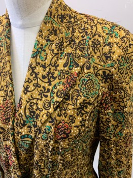 EISENBERG ORIGINALS, Dijon Yellow, Black, Green, Red, Silk, Synthetic, Floral, Abstract , Blazer, 1 Self Button, Rounded Lapel, Velvet Pockets, Key Hole for Dress Bow,