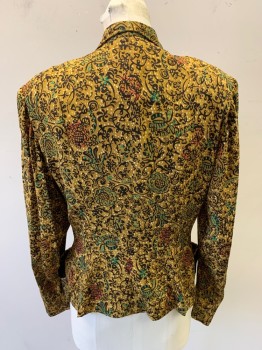 EISENBERG ORIGINALS, Dijon Yellow, Black, Green, Red, Silk, Synthetic, Floral, Abstract , Blazer, 1 Self Button, Rounded Lapel, Velvet Pockets, Key Hole for Dress Bow,