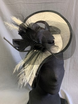 N/L, Black, White, Straw, Horsehair, Headband Based, Feathers & Silk Flowers