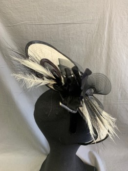N/L, Black, White, Straw, Horsehair, Headband Based, Feathers & Silk Flowers
