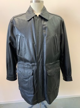 WILDA, Black, Leather, Solid, L/S, Zip Front With Snap Button, Collar Attached, 6 Pockets
