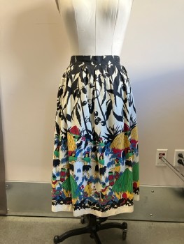 N/L, Black & White Tropical Floral with Multicolor Native Dancers/drummers And Huts, Waistband, Inverted Box Pleats, Back Zip, Some Light Brown Stains CF And Hem