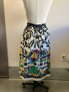N/L, Black & White Tropical Floral with Multicolor Native Dancers/drummers And Huts, Waistband, Inverted Box Pleats, Back Zip, Some Light Brown Stains CF And Hem