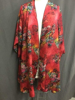 BOB MACKIE, Cherry Red, Black, Turquoise Blue, Yellow, White, Polyester, Floral, Abstract , Matching Jacket: Cherry Red with Multicolor Floral Pattern, Lightweight Jacket, 1/2 Sleeves, Black Overlocked Edge, No Lining,