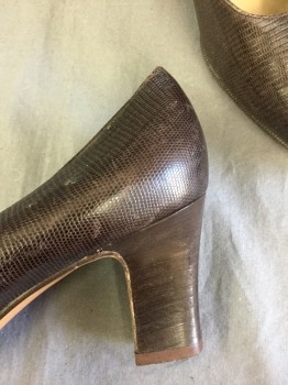 FERRAGAMO, Brown, Leather, Reptile/Snakeskin, Pumps, Dark Brown Snakeskin Texture, Oval Toe, 2.5" Heel,