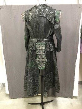 M.T.O., Black, Dk Green, Bronze Metallic, Leather, Faux Leather, Reptile Textured Sci Fiction Coat., Leather Ties At Center Front, with Textured Pleather Yoke Snapped Across Center Front, Long Sleeves, Lacing At Waist Center Back, with Reptile Flap Center Back, Sleeves Held To Body with Black Lacing At Armholes