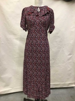 N/L, Black, Red, Ecru, Polyester, Rayon, Geometric, Black W/red,tan Circle & Oval Print, Round Neck,  with Ruffle Along Neckline & Keyhole Self Tie Knot, Short Sleeve Side Cuff W/matching Button, 6 Buttons Back, Pull-over, 2 Pleat Released Front, Kick Pleat Front & Back Center Hem, 3/4 Length