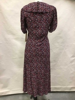 N/L, Black, Red, Ecru, Polyester, Rayon, Geometric, Black W/red,tan Circle & Oval Print, Round Neck,  with Ruffle Along Neckline & Keyhole Self Tie Knot, Short Sleeve Side Cuff W/matching Button, 6 Buttons Back, Pull-over, 2 Pleat Released Front, Kick Pleat Front & Back Center Hem, 3/4 Length