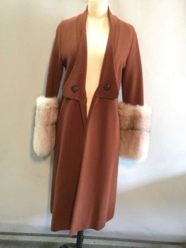 MTO, Rust Orange, Charcoal Gray, Wool, Fur, Solid, Made To Order, Shawl Collar, No Closures with Interior Tie, Long Fox Fur Cuffs, 2 Pretty Brown Period Buttons,