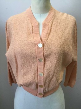 KORET OF CALIFORNIA, Peach Orange, Acrylic, Solid, Button Front, V-neck, Cardigan, Cropped, 1/2 Sleeves