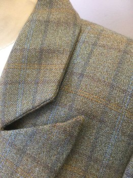 N/L, Sage Green, Gray, Taupe, Mustard Yellow, Blue, Wool, Plaid-  Windowpane, Sage with Faint Taupe/Brown/Yellow/Blue Windowpane, Peaked Lapel, 3 Hook & Eye Closures, 2 Curved Hip Pockets, Victorian Inspired Fishtaill Hem with Pleat at Center Back, Made To Order